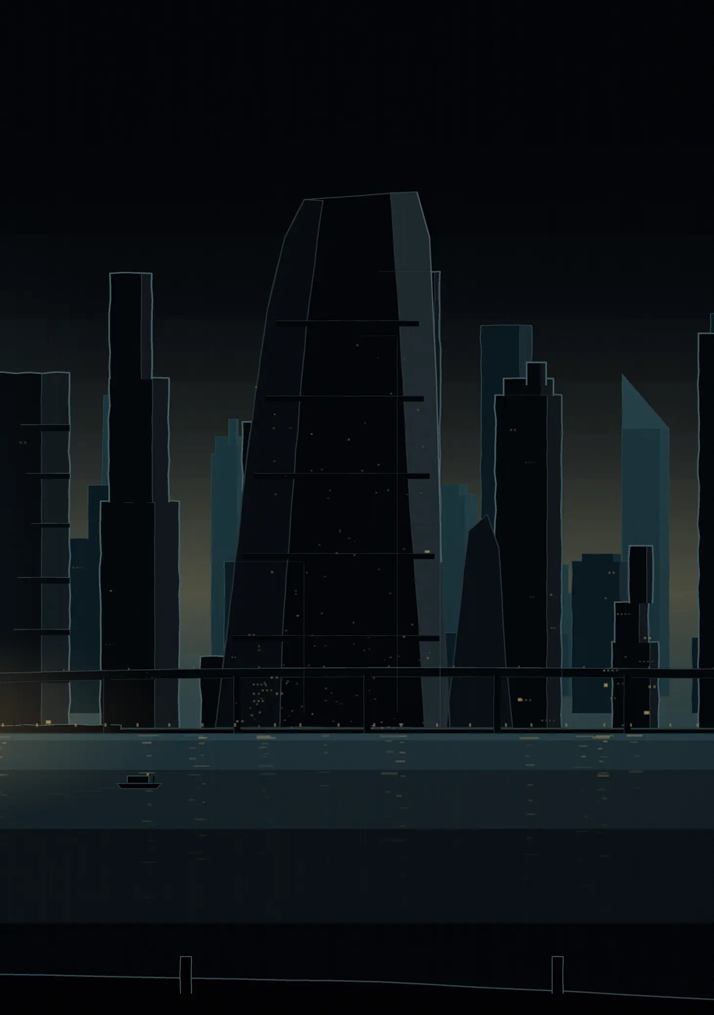 Dubai Creek Harbour, drawn: an elevated crossing over the water and one faceted tower behind it.