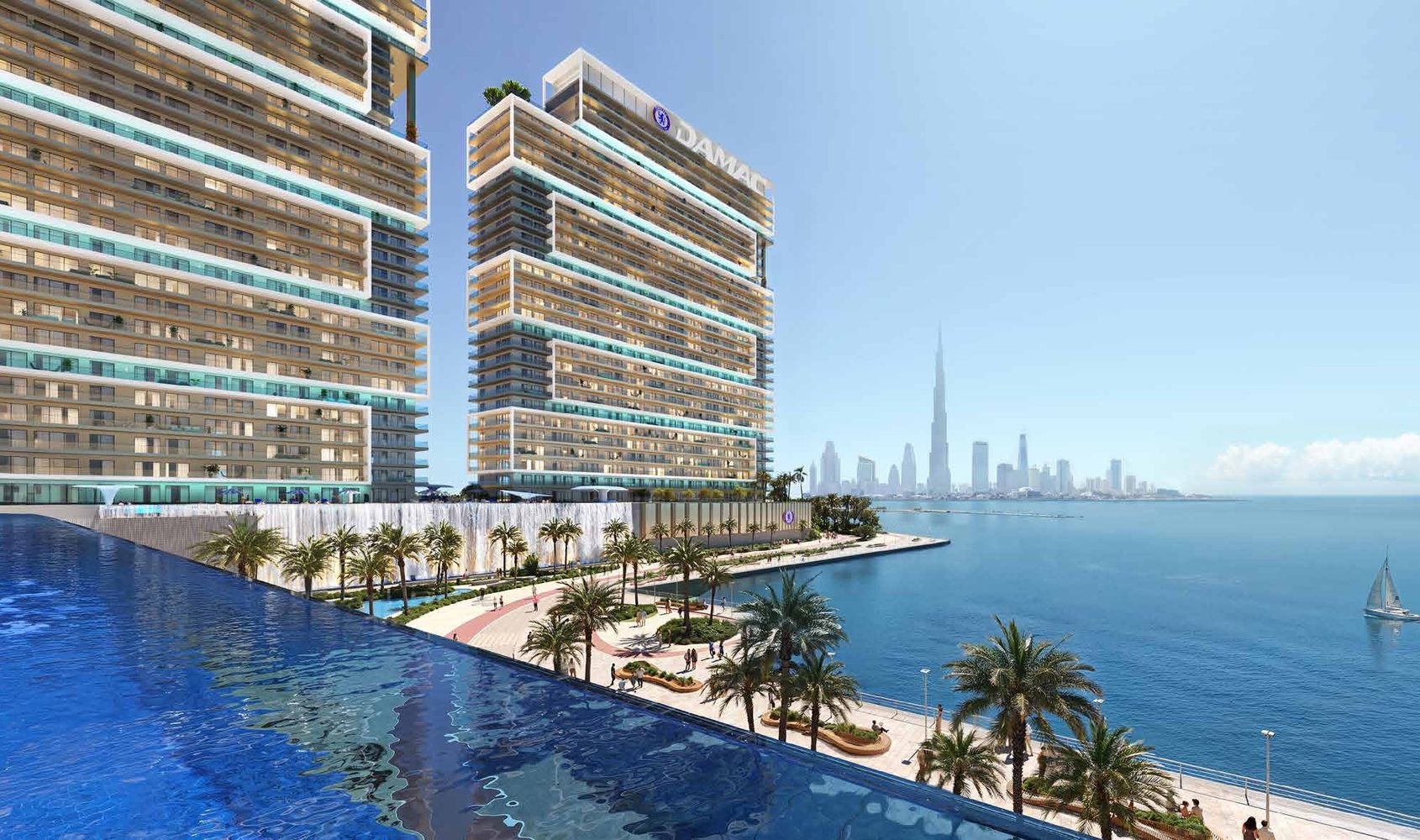 Chelsea Residences Tower C from the sea: the tower above a waterfront pool and promenade.