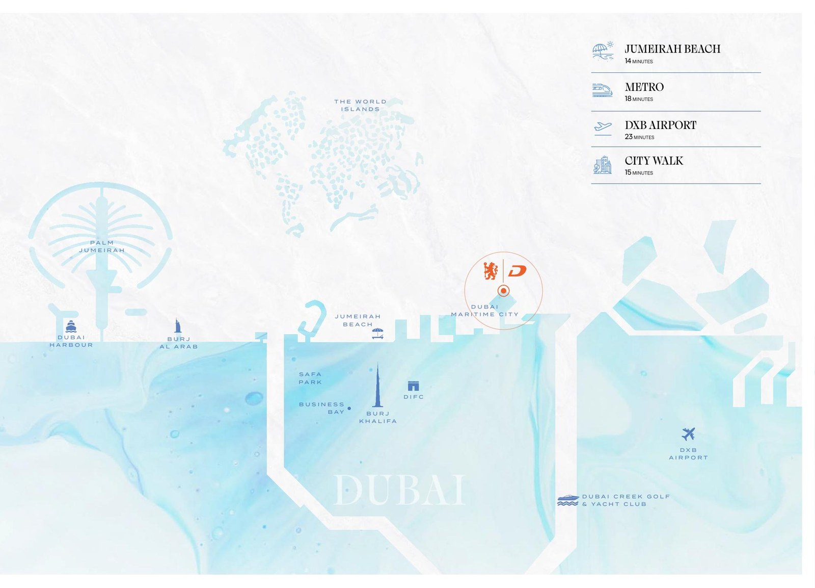 Developer location map: Dubai Maritime City marked on the coast between Jumeirah and Port Rashid, with The World Islands offshore.