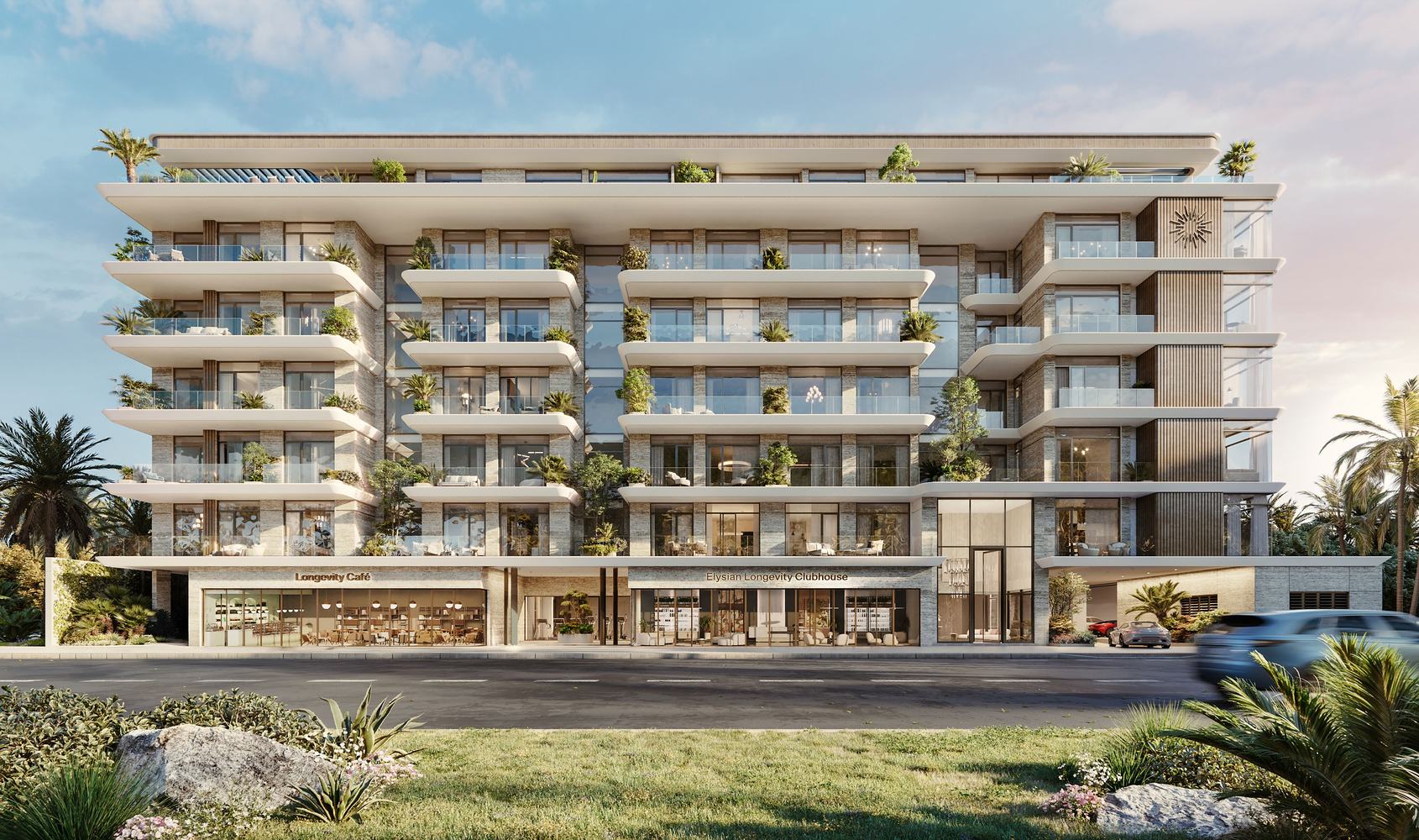 ÉMERGE Residences on Meydan Avenue: a six-storey building with planted terraces and a ground-floor clubhouse, seen from the avenue.