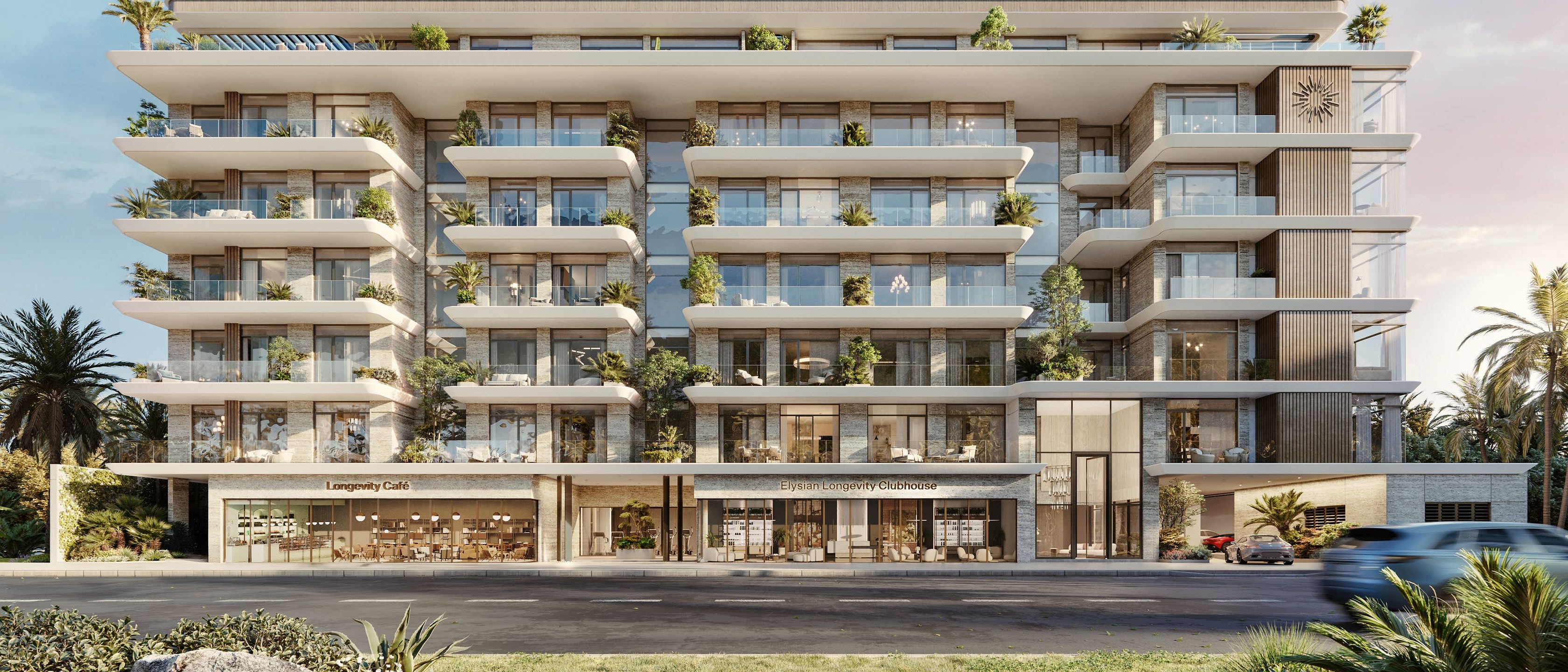 ÉMERGE Residences on Meydan Avenue: a six-storey building with planted terraces and a ground-floor clubhouse, seen from the avenue.
