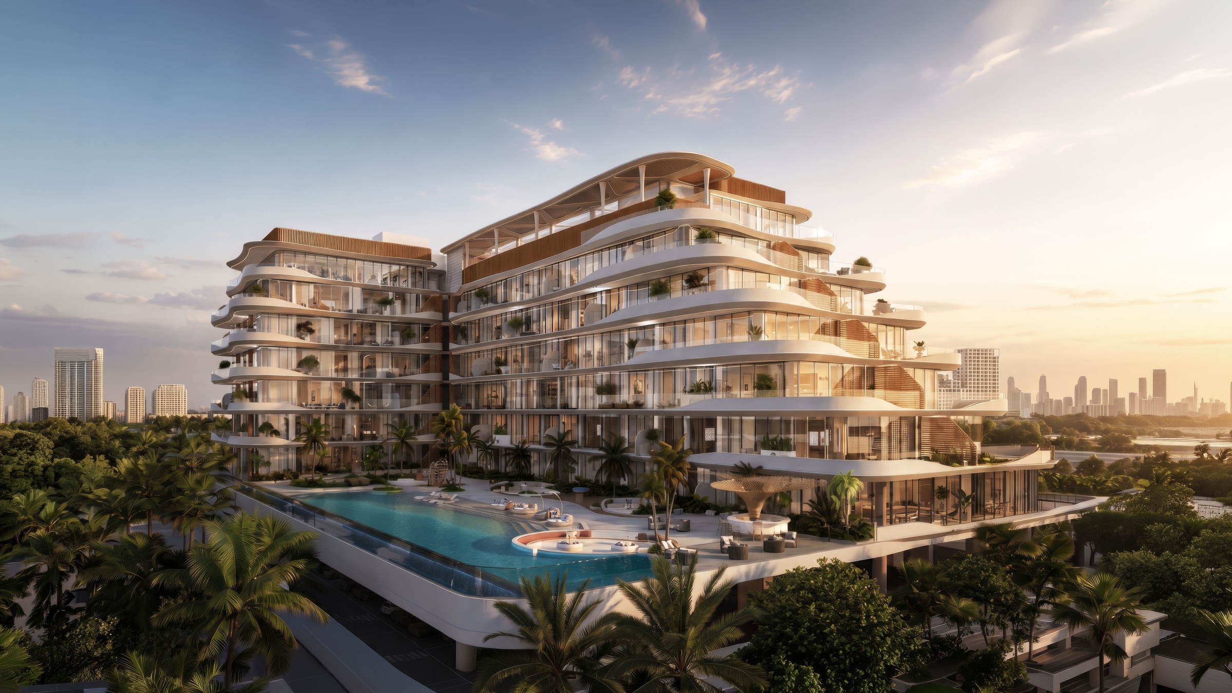 Rabdan Avenue at golden hour: curved white balconies stepping above a long podium pool, palms around the base.