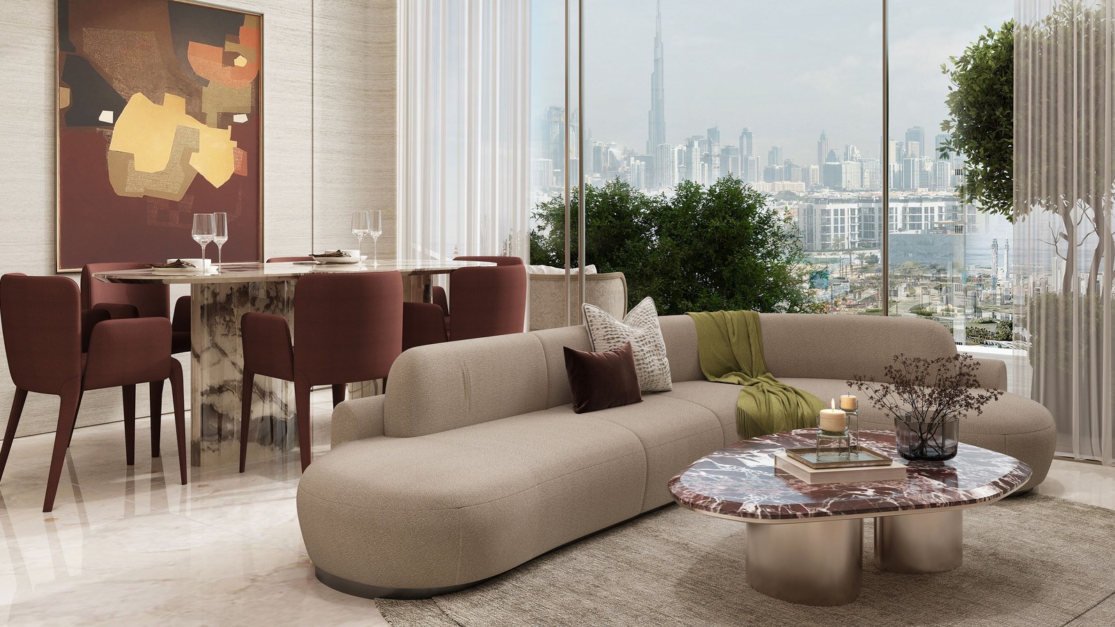 A living and dining room with floor-to-ceiling glass and a skyline outlook.