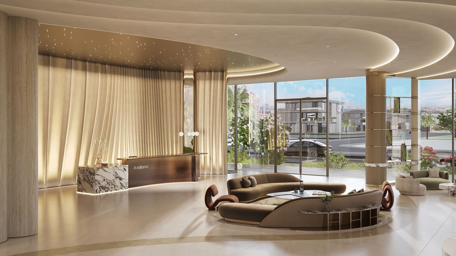 The arrival lobby: a curved reception desk under a starlit ceiling, with lounge seating.