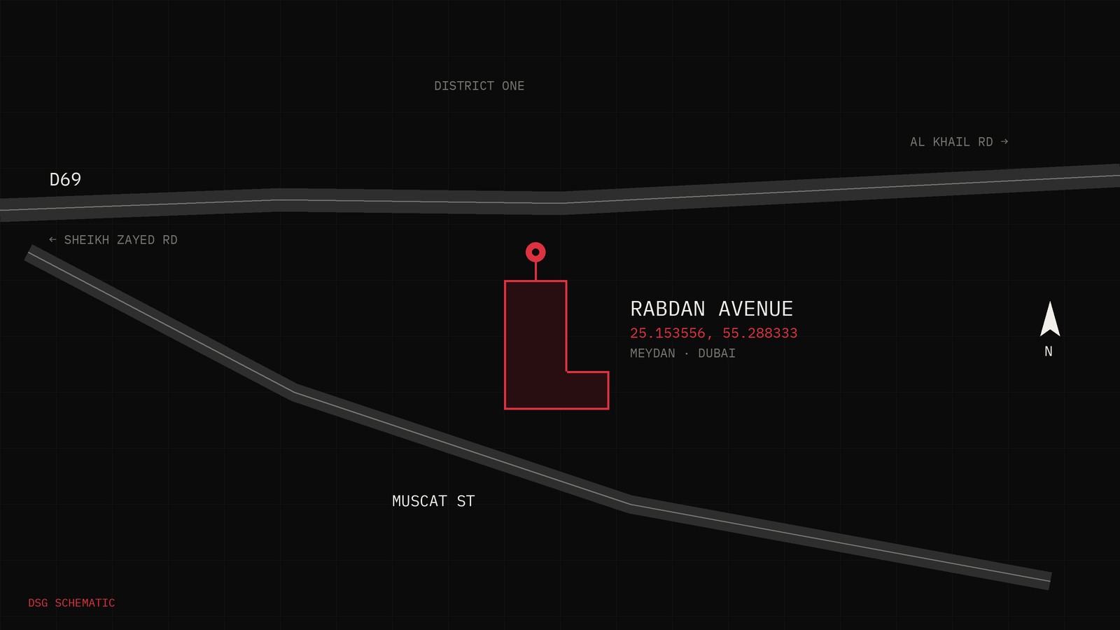 DSG schematic of the Rabdan Avenue plot in Meydan: the D69 corridor to the north, Muscat Street to the south-west, and the developer's official map pin.