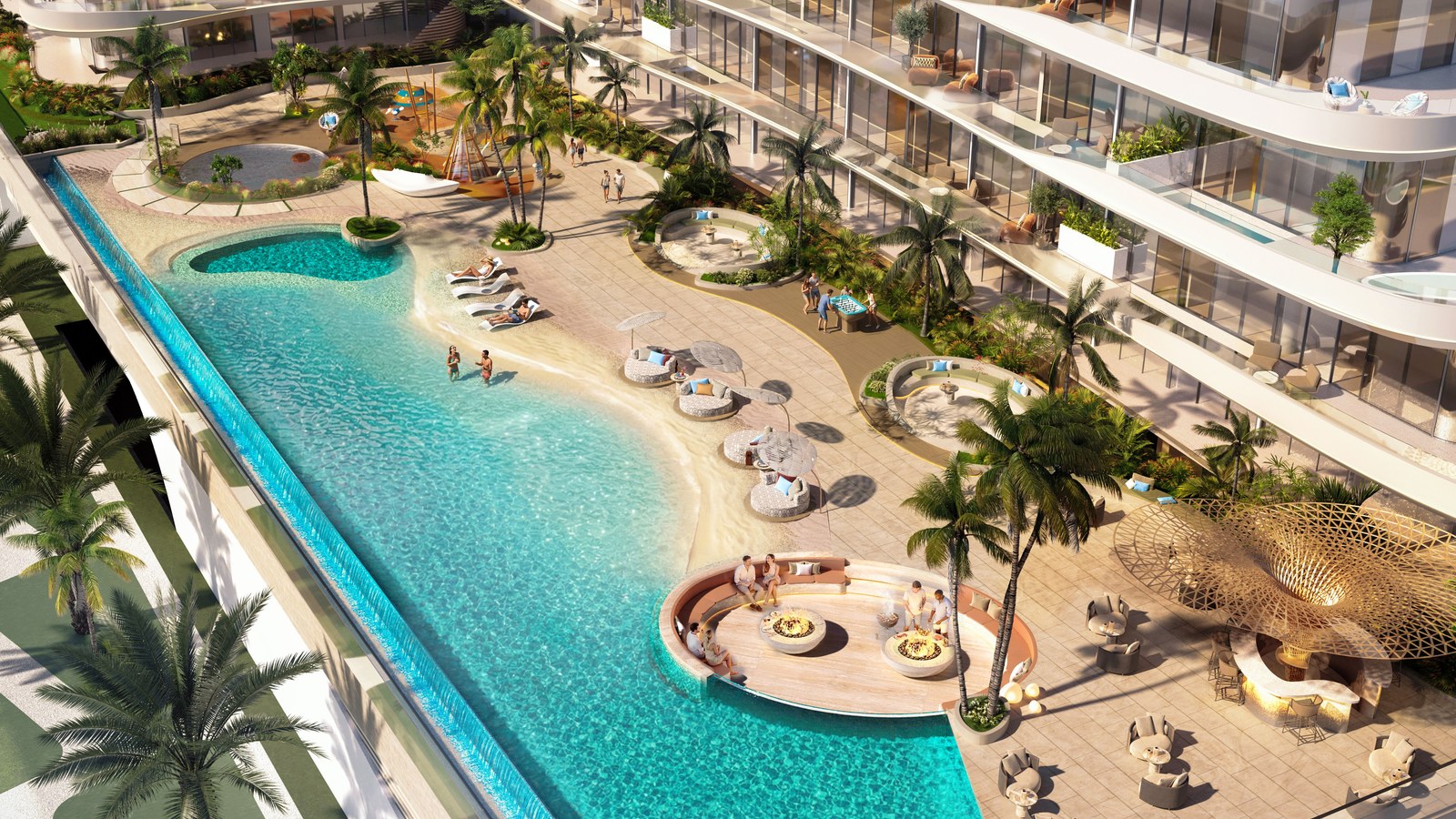 The podium pool deck from above: a long pool, a sunken fire-pit lounge and shaded seating.