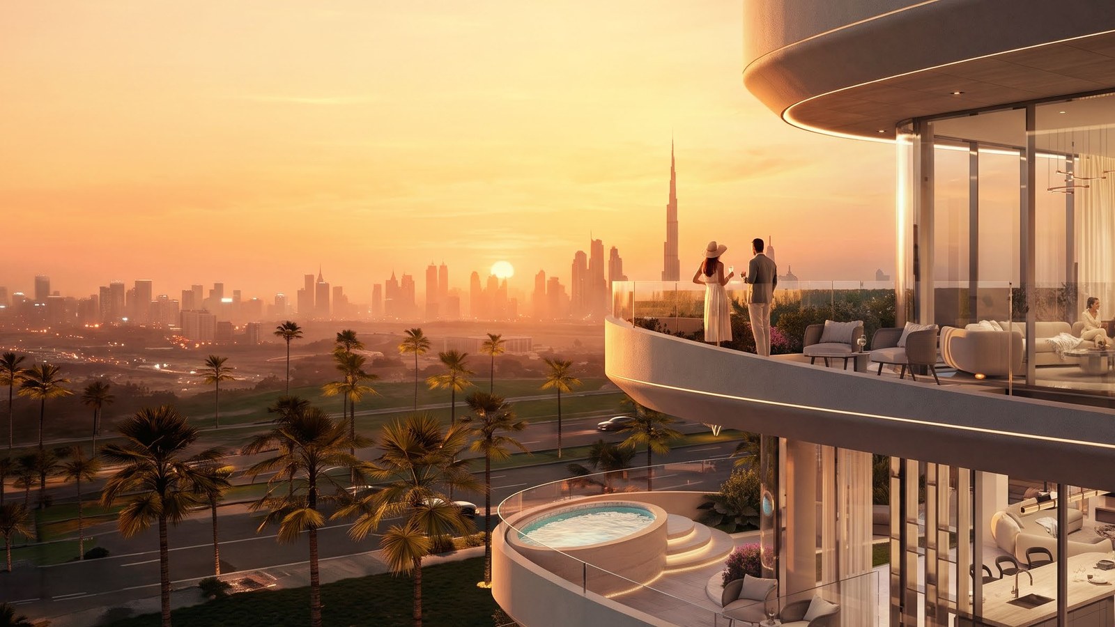 A balcony with a private plunge pool at sunset, the Downtown skyline on the horizon.