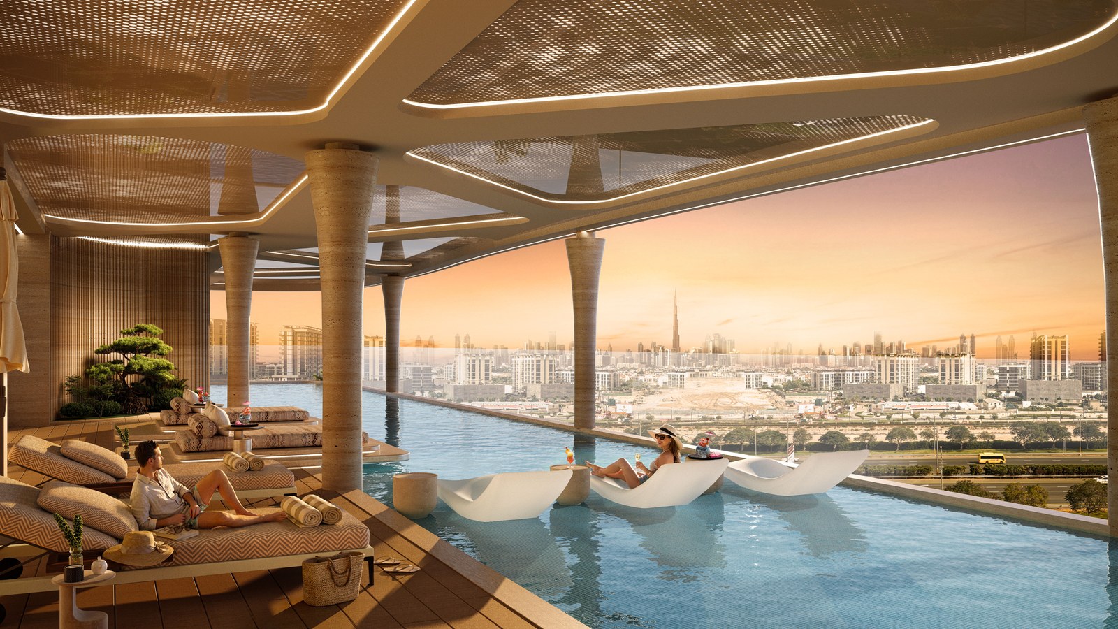 The covered rooftop pool at sunset, with in-water loungers and the city beyond.