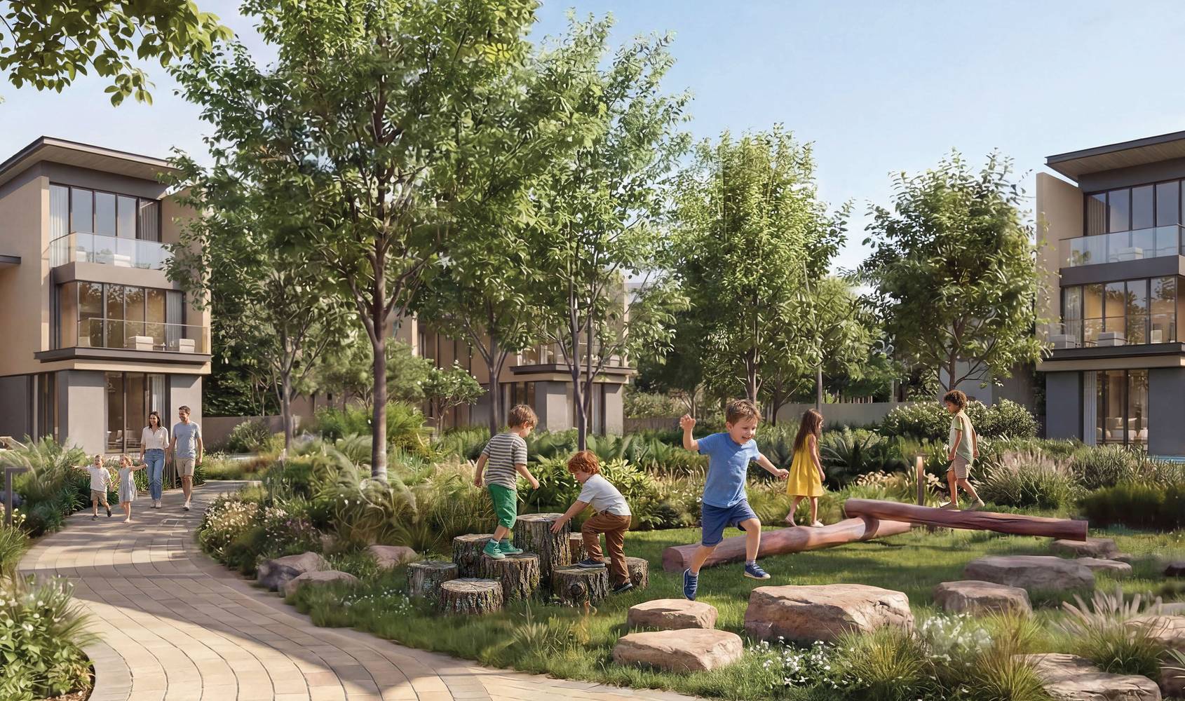 Sobha City, Abu Dhabi: two-storey villas either side of a planted garden path, children playing on the lawn between them.