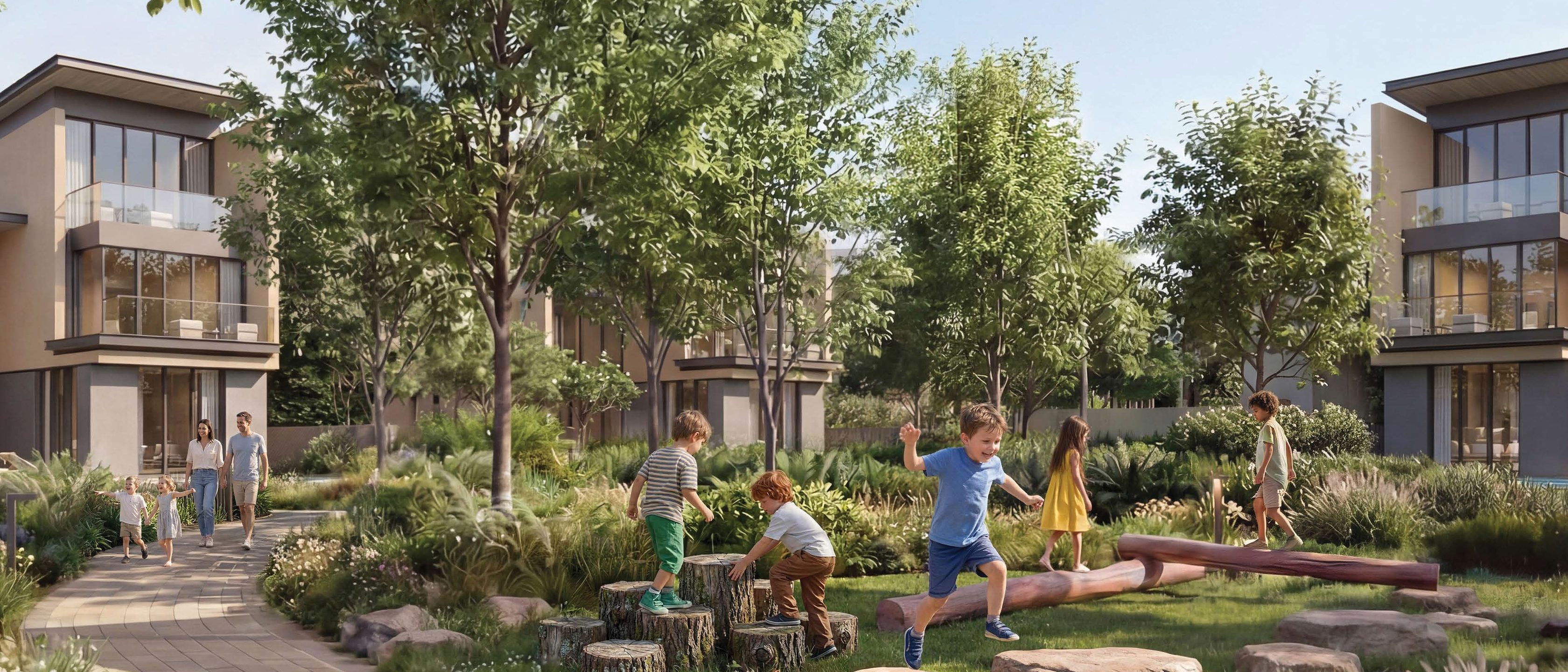 Sobha City, Abu Dhabi: two-storey villas either side of a planted garden path, children playing on the lawn between them.
