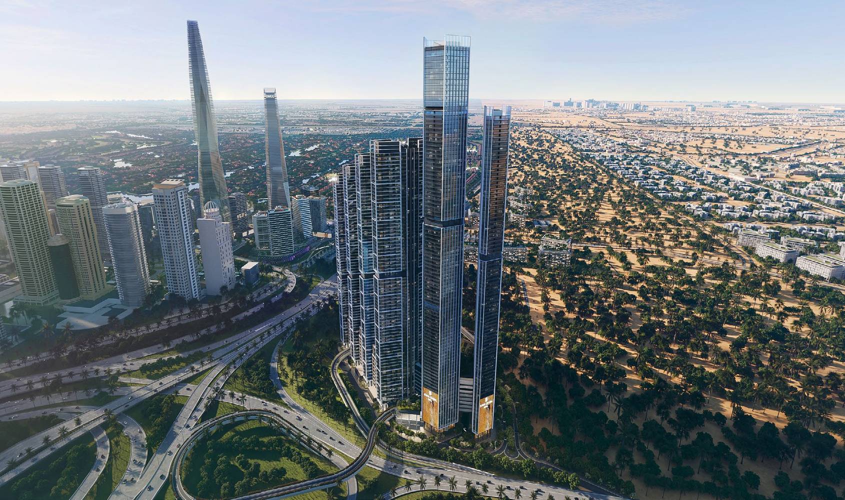 The Pinnacle at Sobha Central: the tallest tower of the community, rising above Sheikh Zayed Road in daylight.