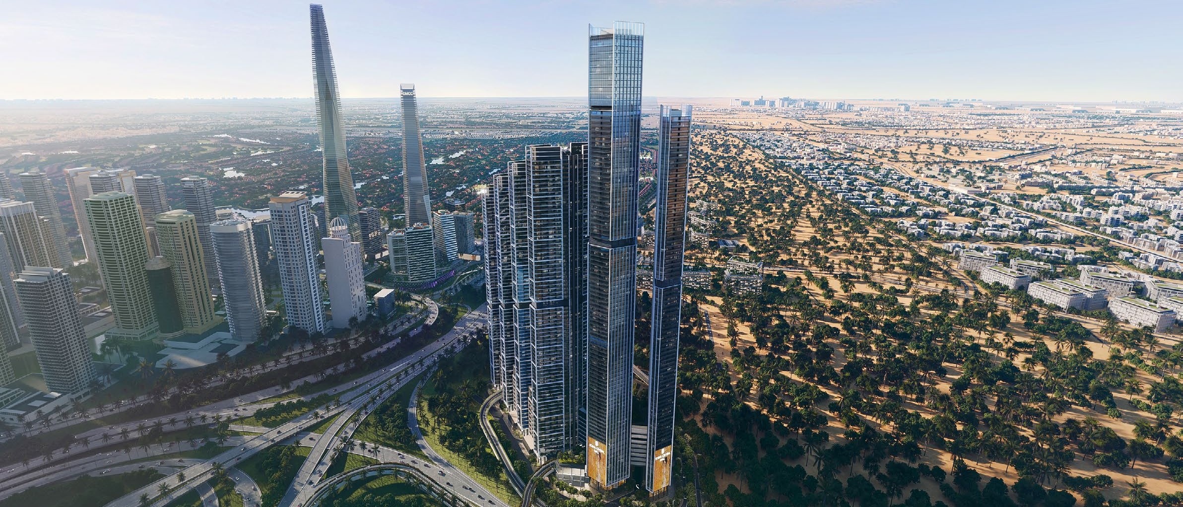 The Pinnacle at Sobha Central: the tallest tower of the community, rising above Sheikh Zayed Road in daylight.