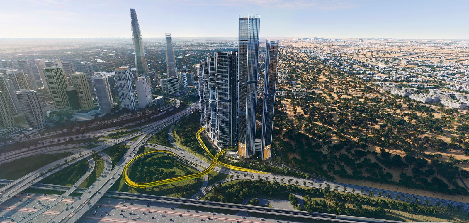 The Pinnacle rising beside Sheikh Zayed Road, with the project's dedicated access lanes and fly-out bridge highlighted.