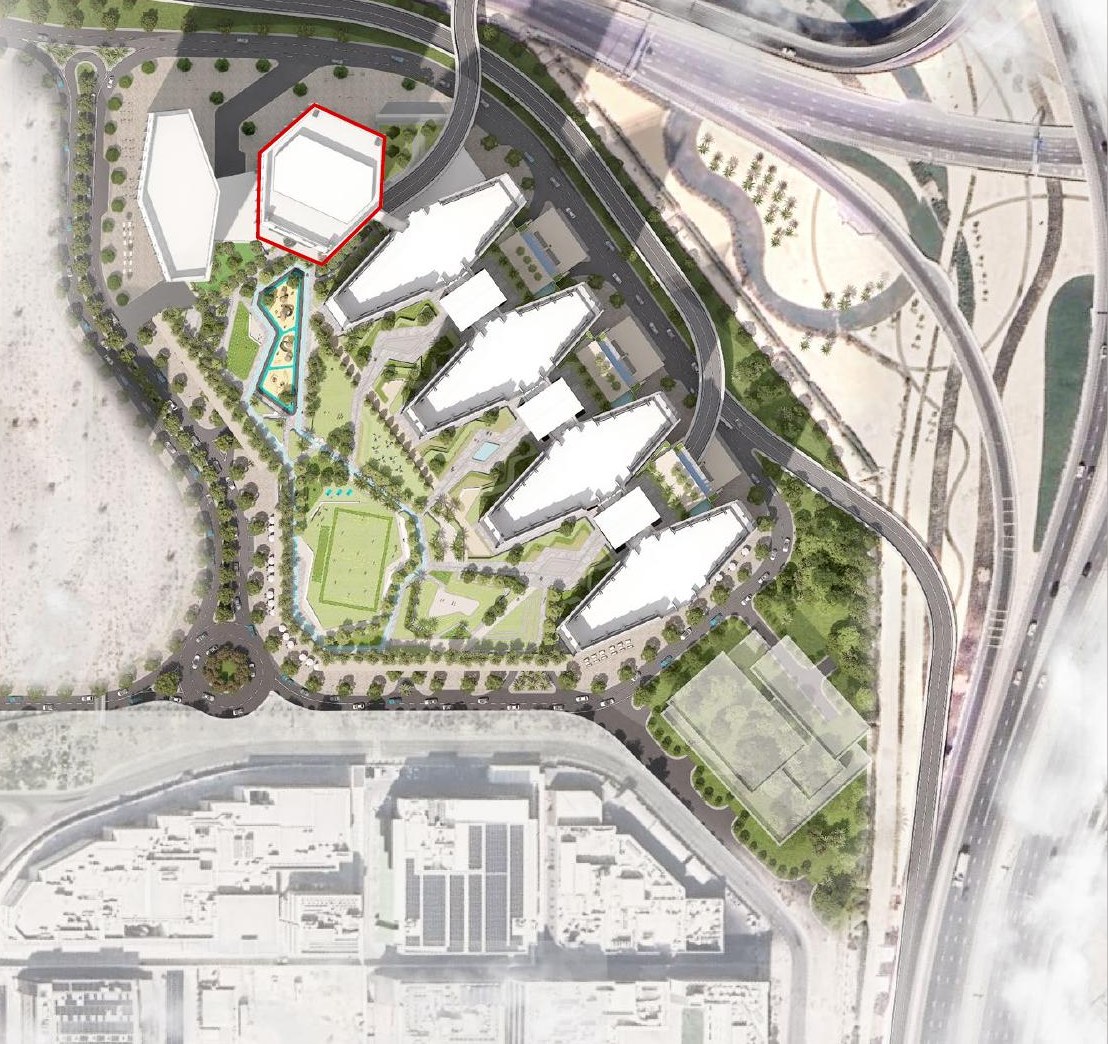 Sobha Central masterplan: towers around landscaped courts beside Sheikh Zayed Road, one tower outlined in red.