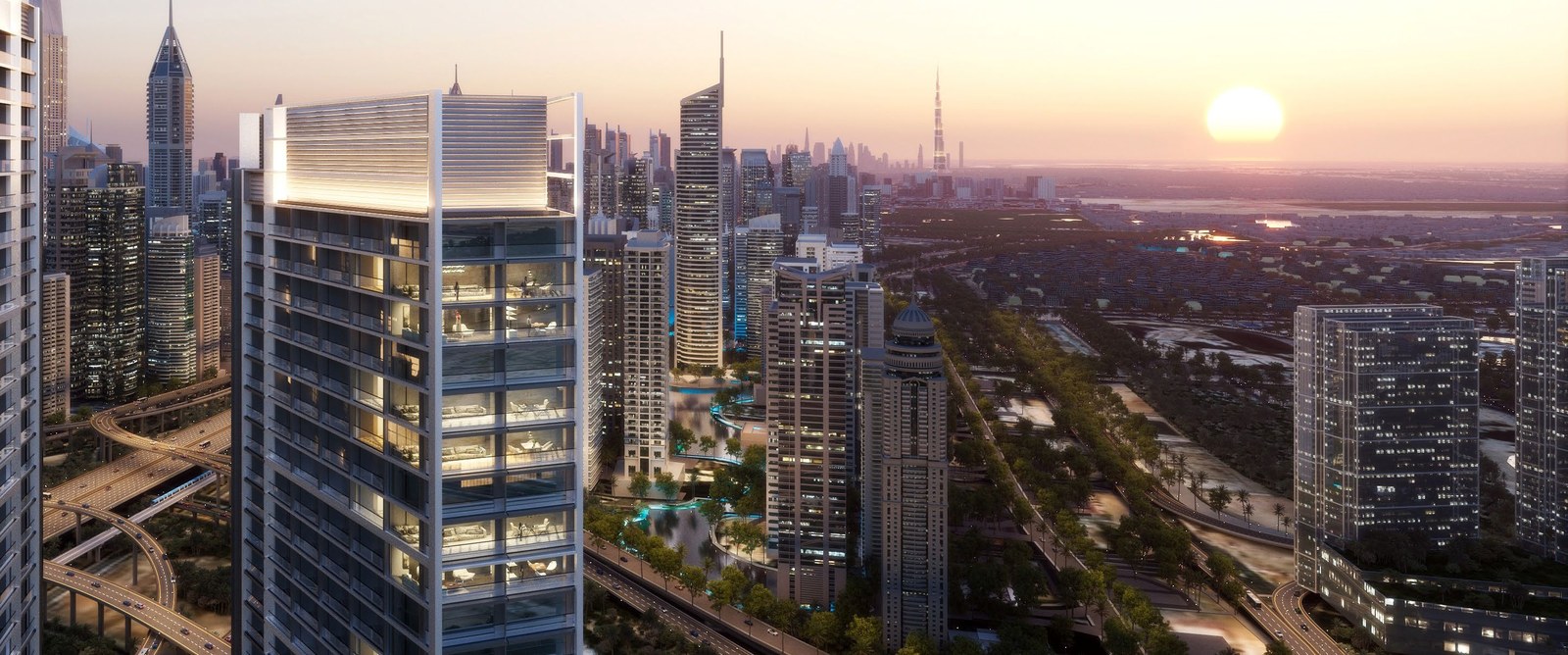 Sunset over the Sheikh Zayed Road skyline, seen from an upper-floor terrace.